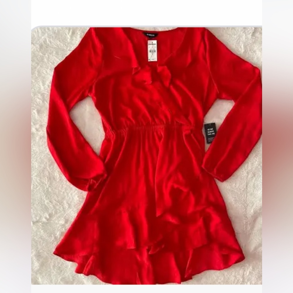 From Express, satin ruffle dress, silky soft, tie around waist